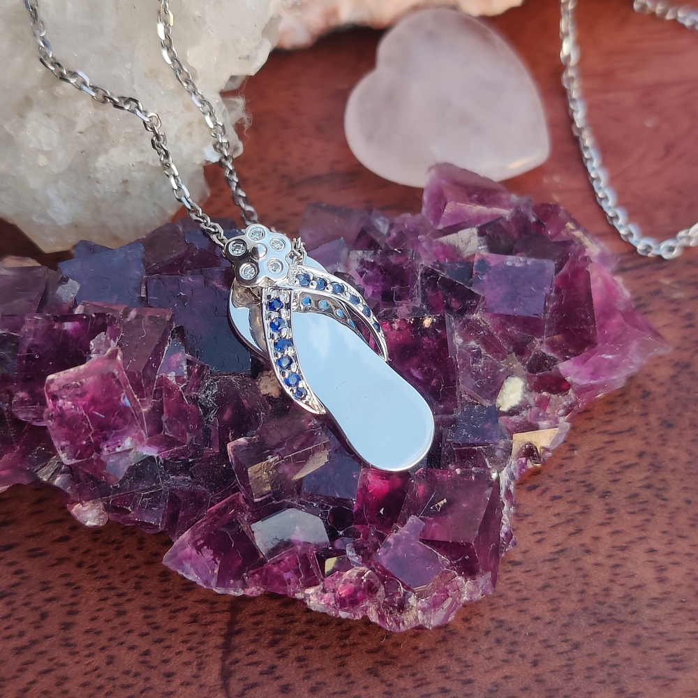 ✨14k White Gold Flip Flop Pendant with Diamond Flower and Blue Sapphires✨